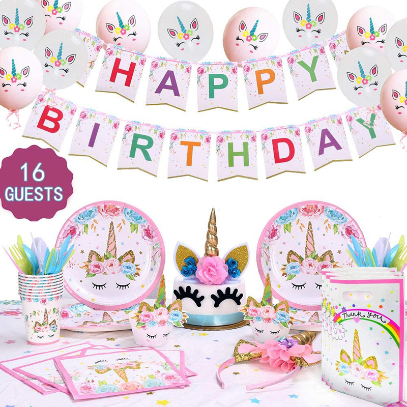 Unicorn-Birthday-Party-Supplies-Set-Includes-Cake-Topper-Balloons-Gift-bags-Cupcake-Toppers-plates