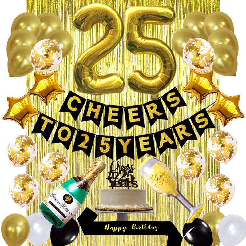 25th-Birthday-Decorations-Kit-Banner-Balloons-Cake-Topper-Gold-Birthday-Sash-Fringe-Curtains