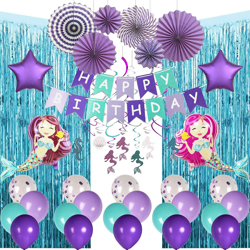 Mermaid-Party-Supplies-Balloons-Hanging-Swirl-Foil-Curtains-Paper-Fans-Sea-Theme