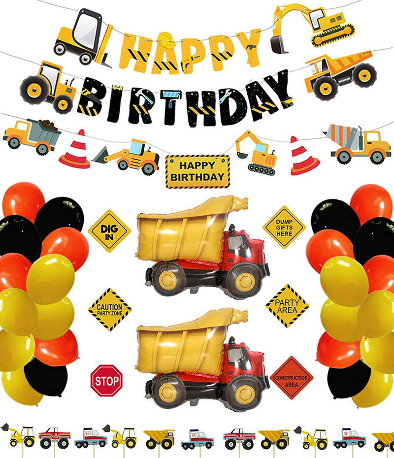 Artículos para fiestas de cumpleaños de construcción, juegos de Decoración para fiestas de camiones volquete, juego con 2 globos de aluminio para niños