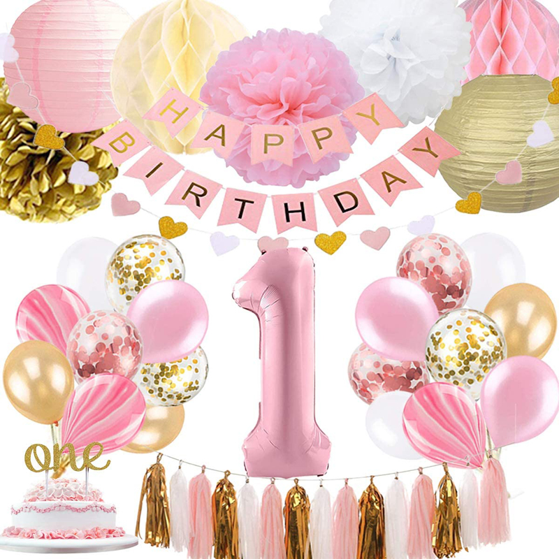 Decoraciones de cumpleaños rosas, decoraciones de cumpleaños para niñas,  globos rosados y blancos de feliz cumpleaños, mantel de pancarta de feliz